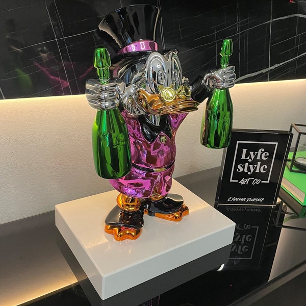 Custom Pink Champagne Duck (Sculpture) pop art gold statue alec monopoly inspired bear statue