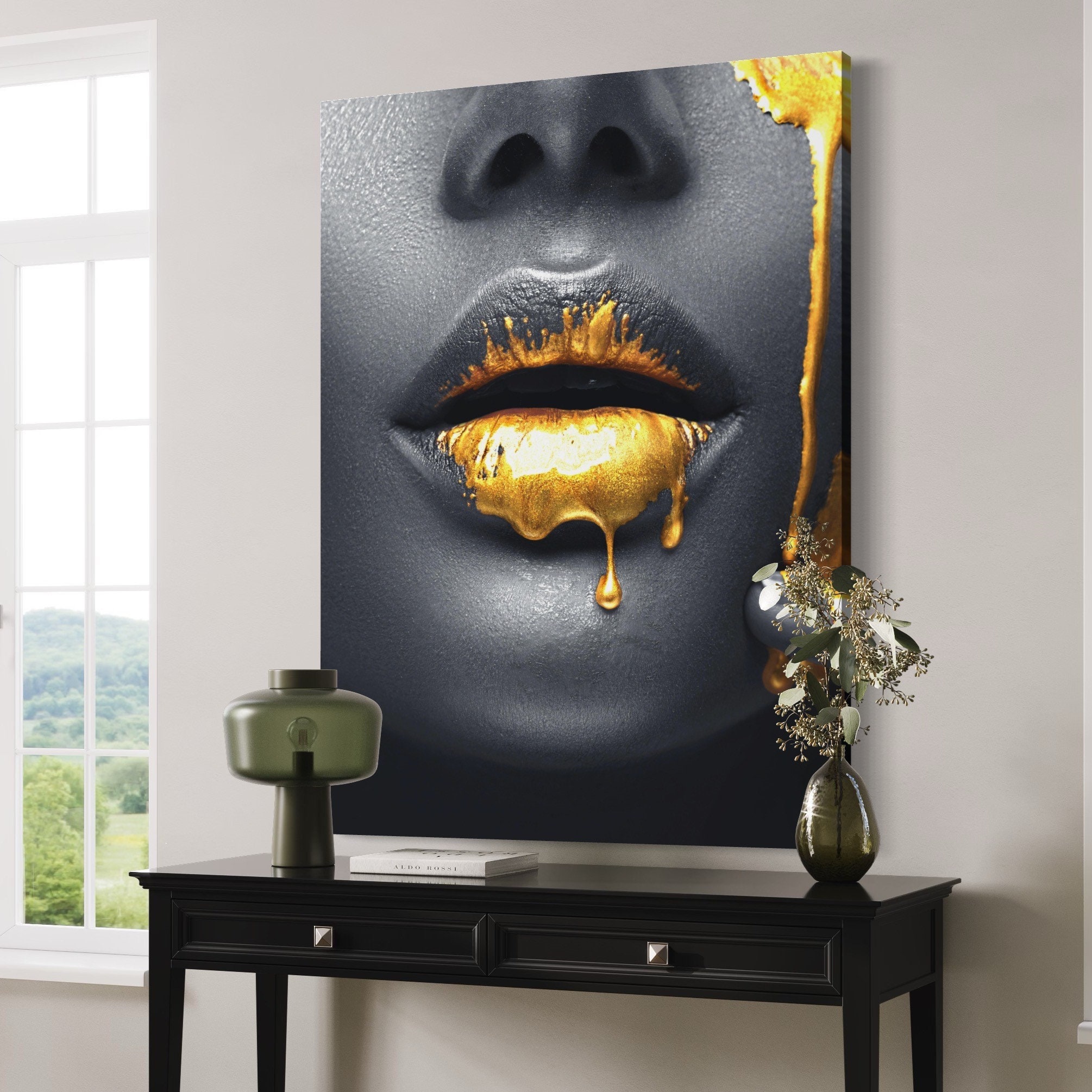 Gold Drip Lips Canvas Art Print, Contemporary Wall Decor - Etsy
