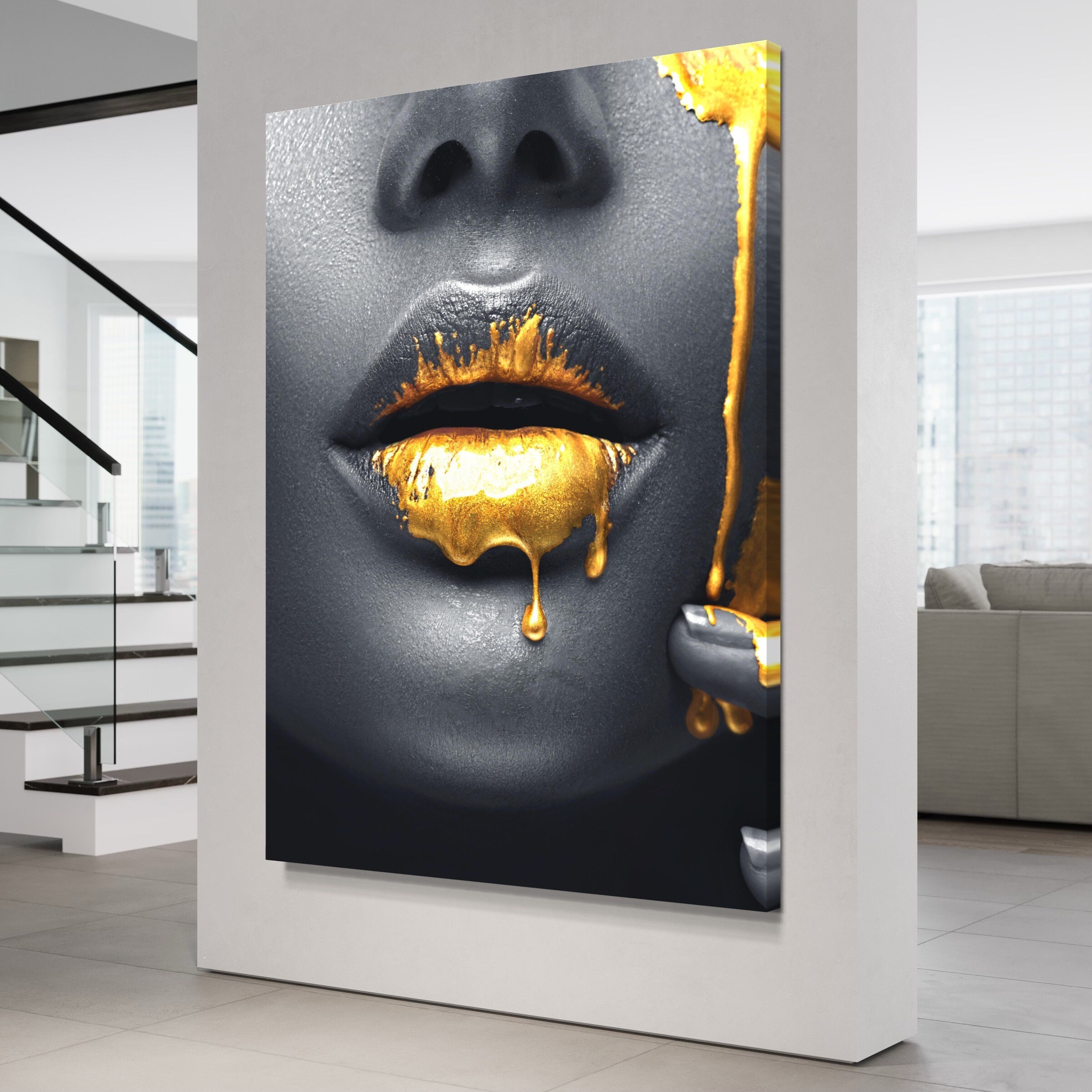 Gold Drip Lips Canvas Art Print, Contemporary Wall Decor - Etsy
