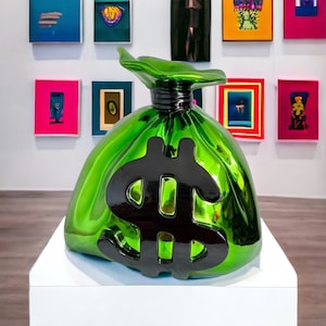 Money pop art (Sculpture) pop art statue alec monopoly inspired chrome scrooge mcduck bear statue