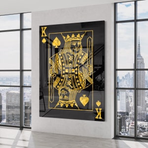 Arte delle carte da gioco King (EFFETTO VETRO) - arte nera e oro - regali per lui - arte di lusso - regina asso