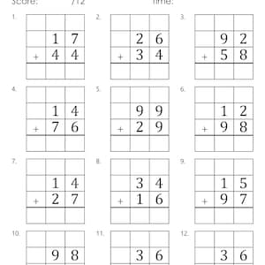 May include: A worksheet with 12 math problems for two-digit addition with regrouping. Each problem has two numbers to add, with a line for the answer.