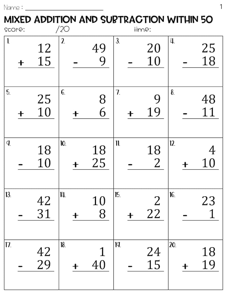 Mixed Addition and Subtraction to 50 Worksheets - Etsy