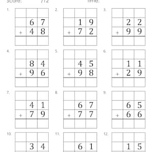 May include: A worksheet with 12 math problems for two-digit addition with regrouping. Each problem has a grid with two numbers to add, with a line for the answer.