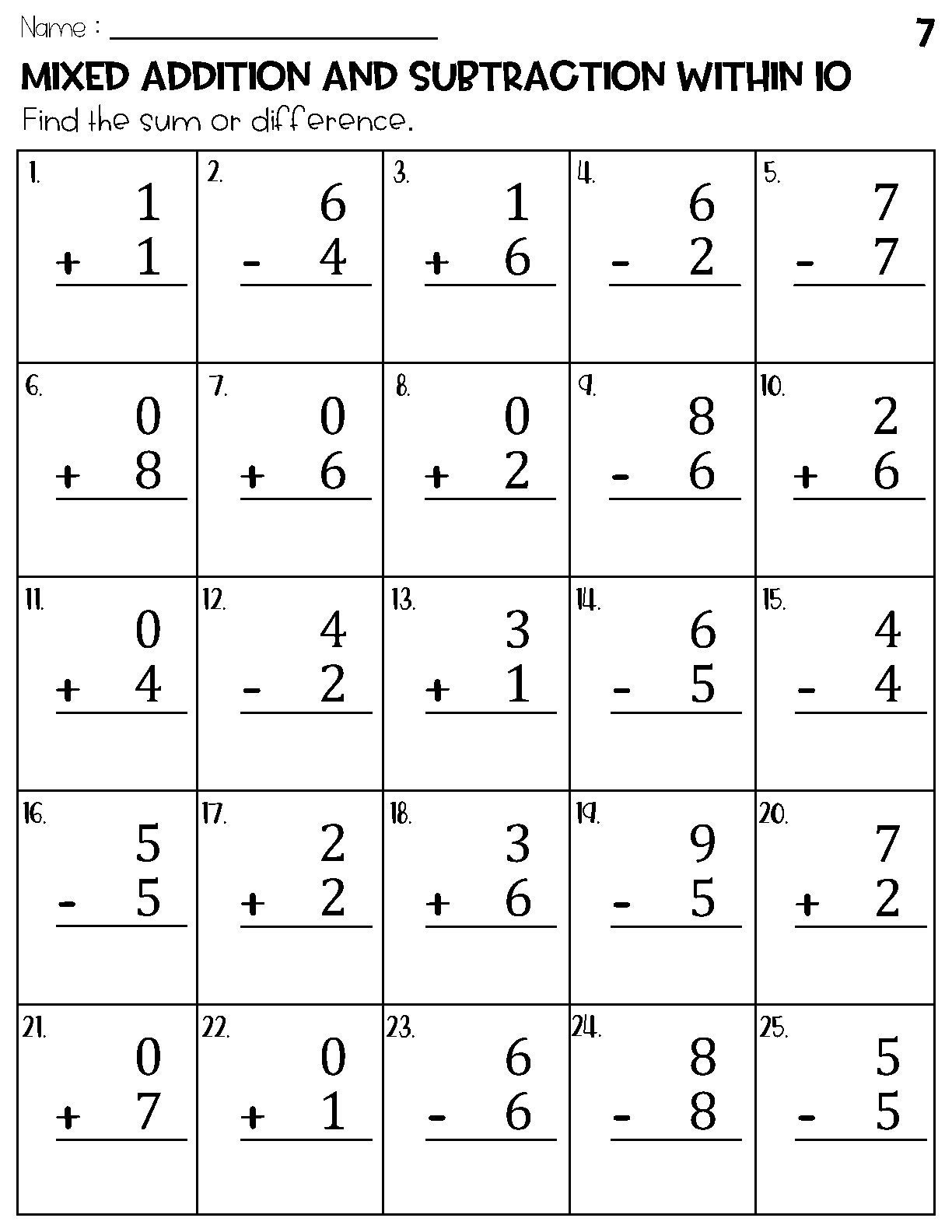 Mixed addition and subtraction within 10 worksheets etsy