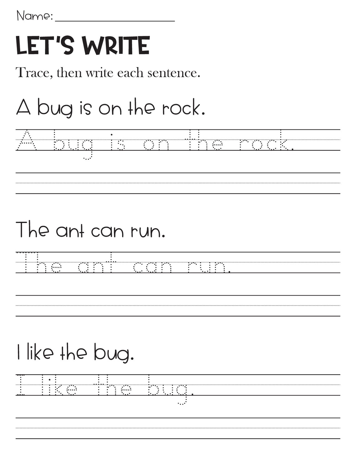Rct Writing Example Sentence Writing and Tracing Handwriting Practice Worksheets - Bug ...