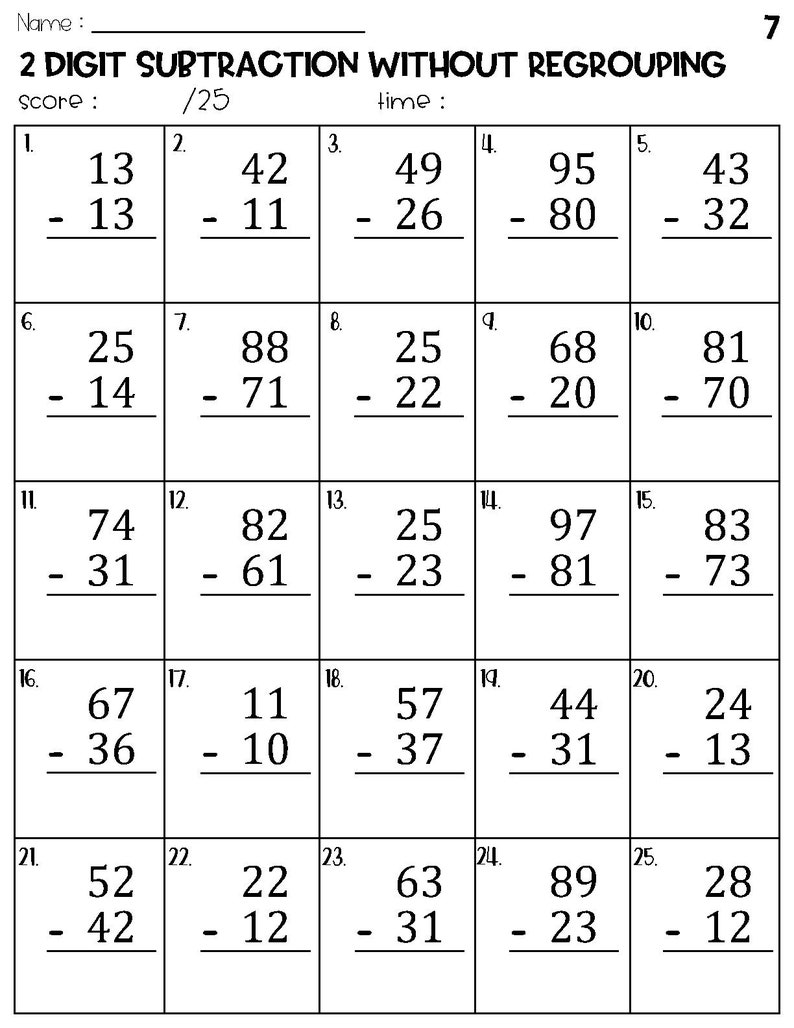 Two Digit Subtraction Without Regrouping Worksheets - Etsy