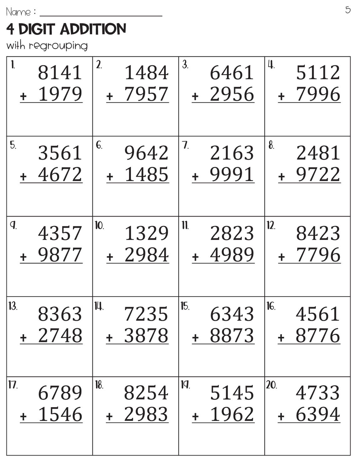4 Digit Addition With Regrouping Worksheets - Etsy