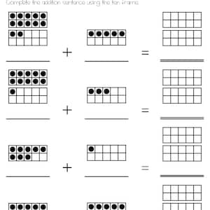 Addition Sums to 20 with Ten Frame Pictures Worksheets