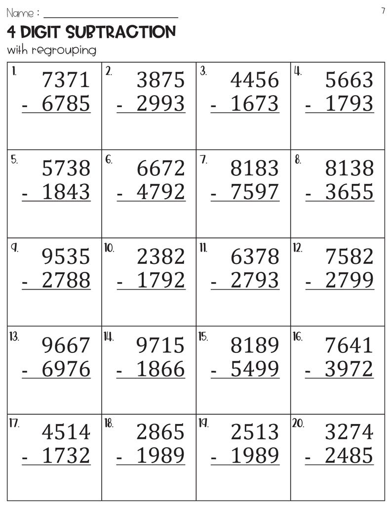 4 Digit Subtraction With Regrouping Worksheets - Etsy
