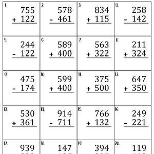 May include: A worksheet with 20 math problems for mixed addition and subtraction without regrouping. The problems are numbered 1 through 20 and are arranged in a grid. Each problem has two numbers and a plus or minus sign. There is a line below each problem for the answer.