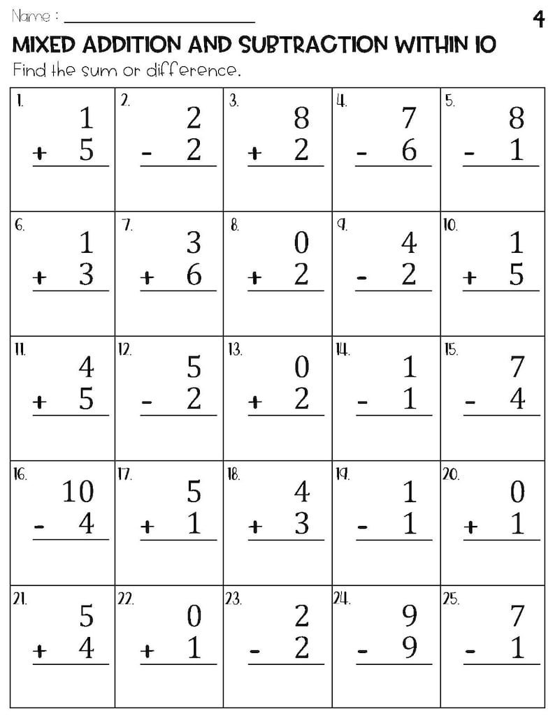 Mixed Addition and Subtraction Within 10 Worksheets Etsy
