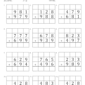 May include: A worksheet with 12 math problems for 3-digit addition with regrouping. Each problem has two numbers to add, with a line for the answer below. The problems are numbered 1 through 12.