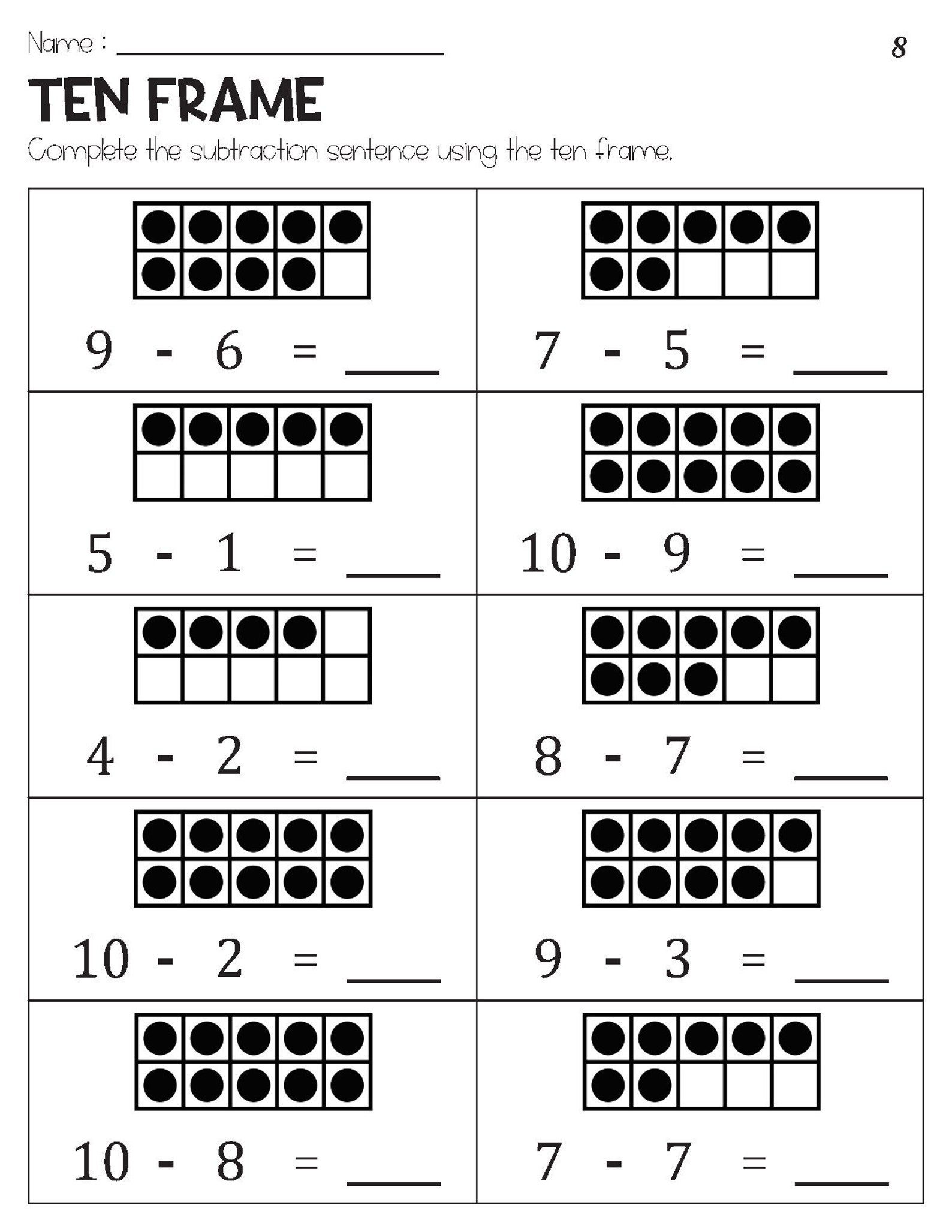 Subtraction Within 10 With Ten Frame Pictures Worksheets - Etsy