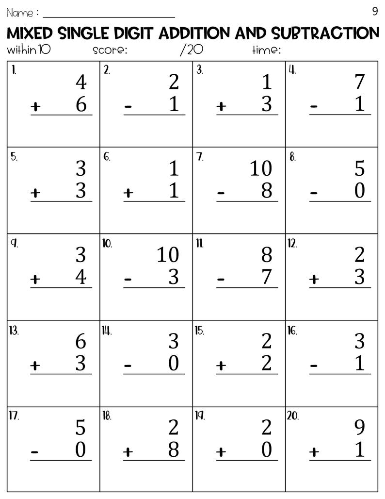 Single Digit Math Problems Mixed Single Digit Addition and Subtraction Within 10 Worksheets - Etsy