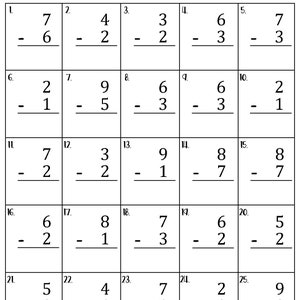 Single Digit Subtraction Worksheets