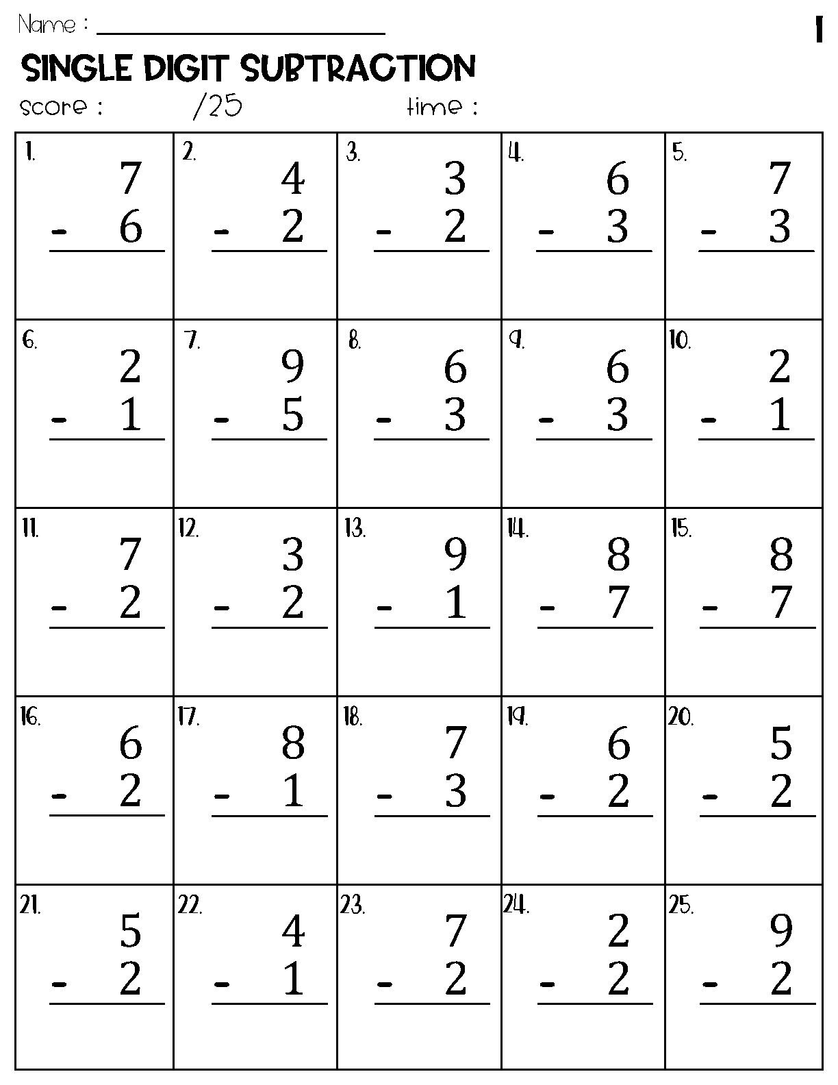 Single Digit Subtraction Worksheets Etsy