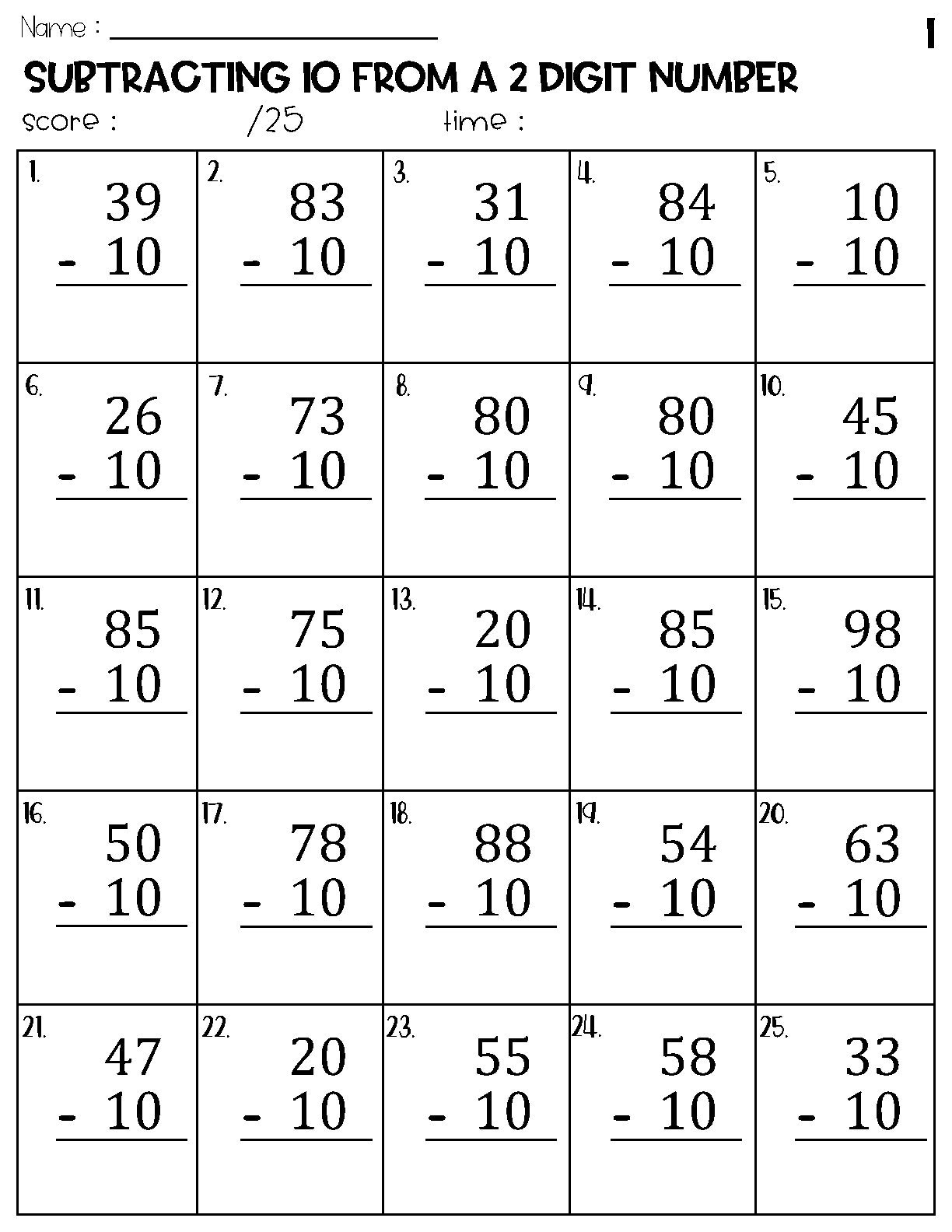 Subtracting 10 from a 2 digit number worksheets etsy