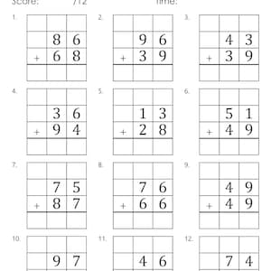 May include: A worksheet with 12 math problems for two-digit addition with regrouping. Each problem has two numbers to add, with a line for the answer below. The problems are numbered 1 through 12.