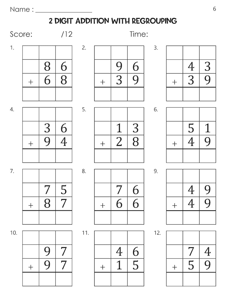 May include: A worksheet with 12 math problems for two-digit addition with regrouping. Each problem has two numbers to add, with a line for the answer below. The problems are numbered 1 through 12.