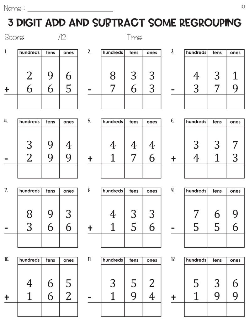 3 Digit Mixed Addition and Subtraction Within 1000 With Place Value ...