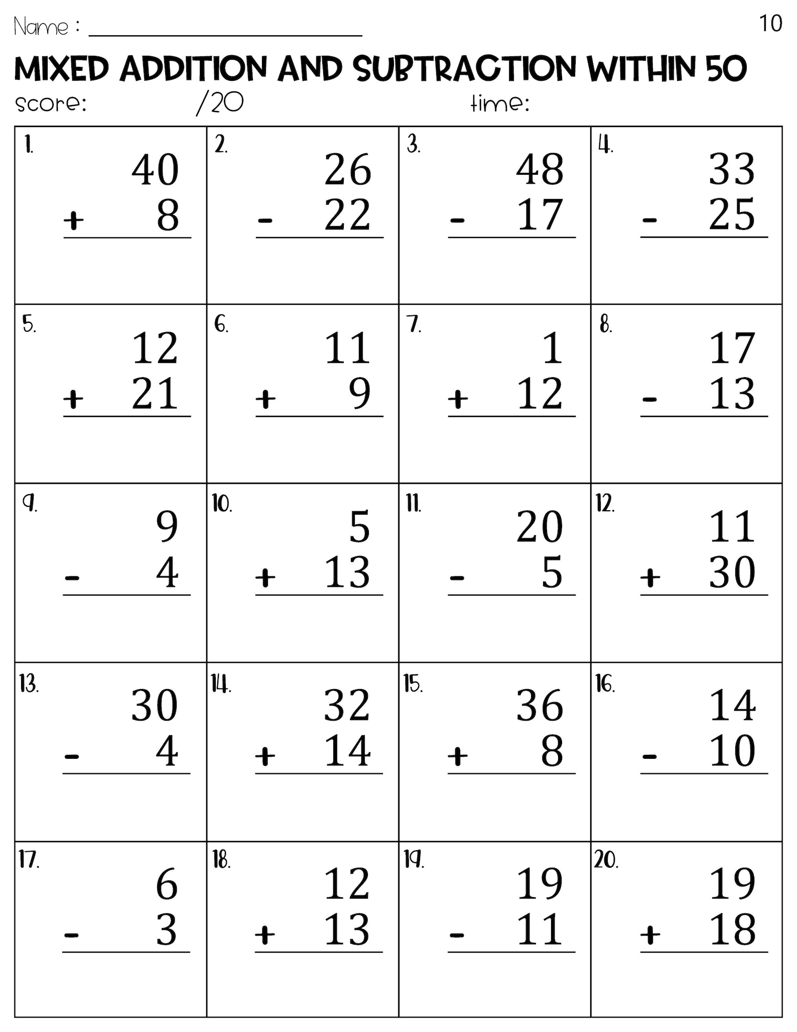 Mixed Addition and Subtraction to 50 Worksheets - Etsy