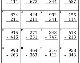 Three Digit Subtraction without Regrouping Worksheets