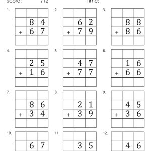 May include: A worksheet with 12 math problems for two-digit addition with regrouping. Each problem has a grid with two numbers to add, with a line for the answer.