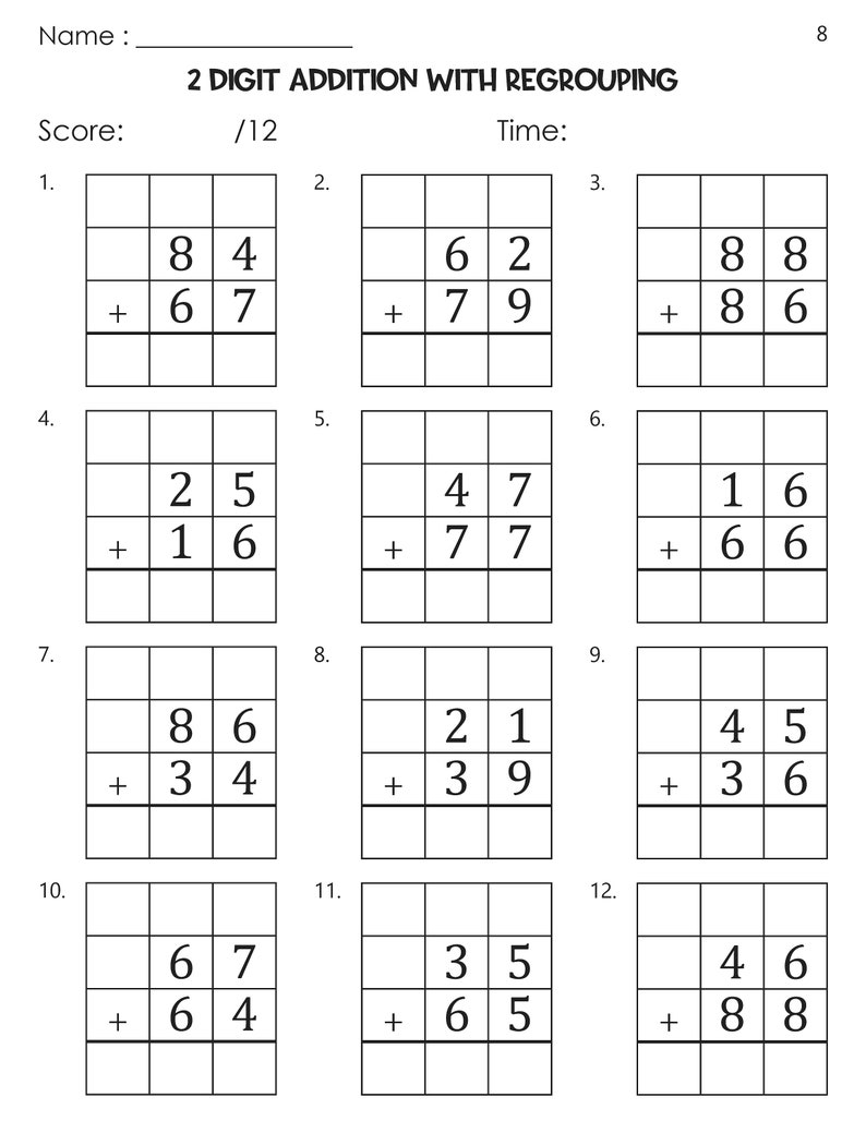 May include: A worksheet with 12 math problems for two-digit addition with regrouping. Each problem has a grid with two numbers to add, with a line for the answer.