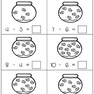 Subtrahieren mit Bildern in 10 Arbeitsblättern - Subtrahieren von Goldfischgläsern Bildern Math Worksheets Printable