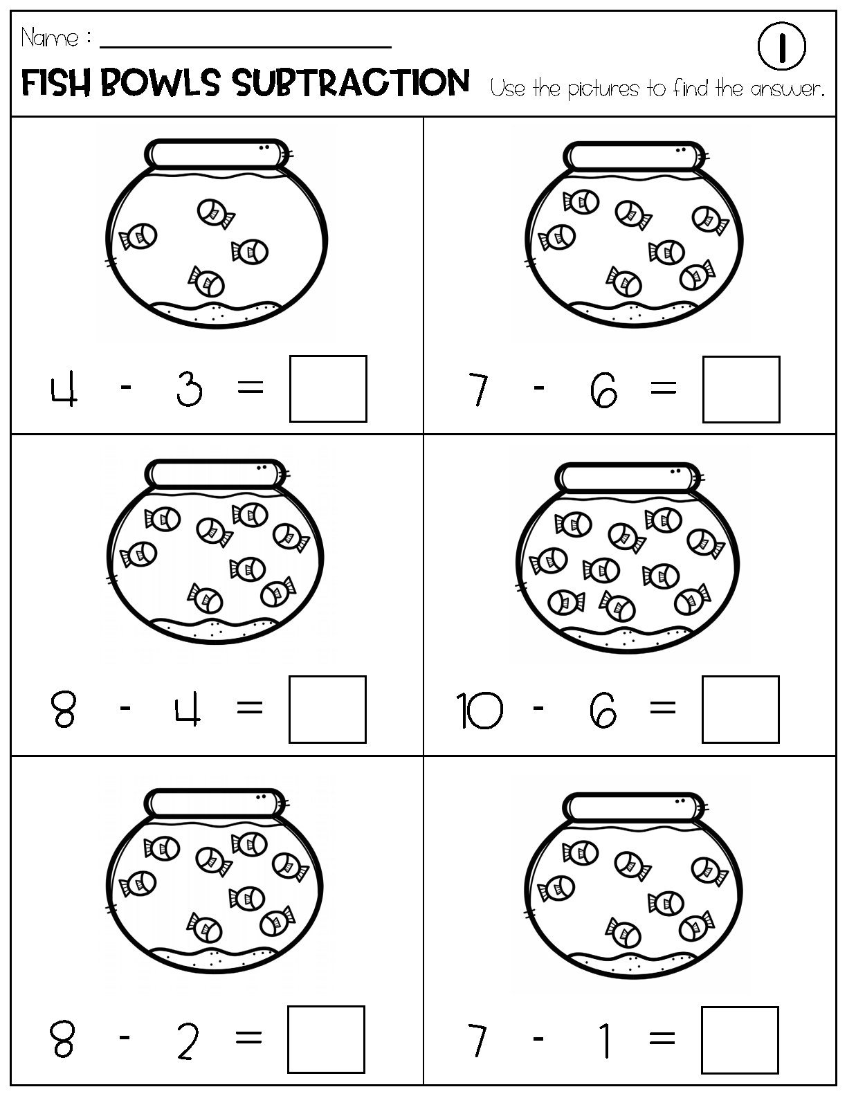 Subtraction with Pictures within 10 Worksheets - Subtracting Fish Bowls Pictures Math Worksheets Printable