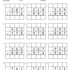 May include: A worksheet with 12 math problems for practicing 3-digit addition with regrouping. Each problem has two 3-digit numbers to add together, with a line for the answer below.