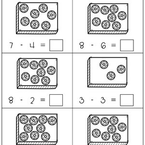 May include: Black and white worksheet titled "DONUTS SUBTRACTION" with donut illustrations. The worksheet presents subtraction problems using donut images, such as "7 - 4 = " and "8 - 6 = ".