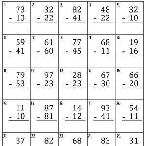 以下が含まれることがあります： 繰り上がりのない2桁の引き算の練習問題が25問あるワークシートです。問題は5行5列のグリッドに配置されています。各問題は、上に2桁の数字、下に2桁の数字があり、間にマイナス記号があります。問題は1から25まで番号が付けられています。