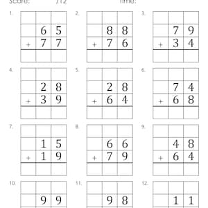 May include: A worksheet with 12 math problems for two-digit addition with regrouping. The problems are arranged in a grid format with each problem having two numbers to be added together. The problems are numbered 1 through 12.