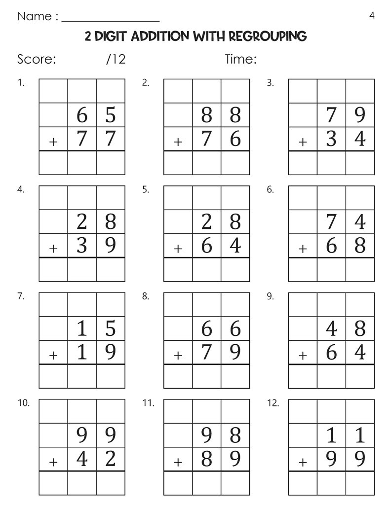 May include: A worksheet with 12 math problems for two-digit addition with regrouping. The problems are arranged in a grid format with each problem having two numbers to be added together. The problems are numbered 1 through 12.