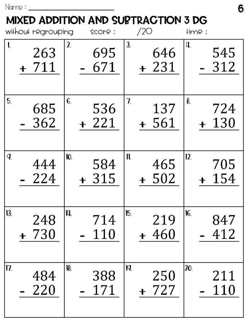 Three Digit Mixed Addition and Subtraction Without Regrouping ...