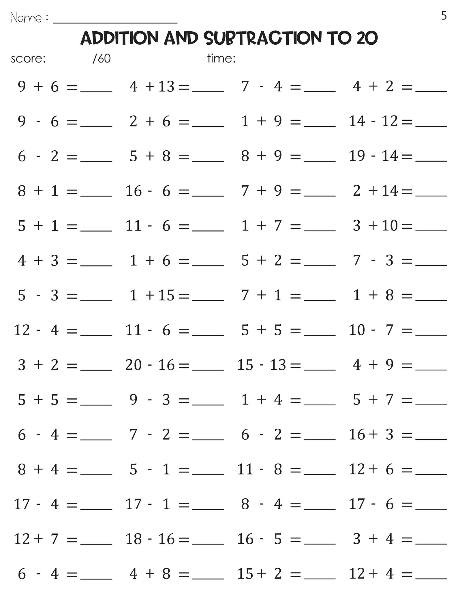 Math Fact Fluency Addition and Subtraction to 20 Timed Tests Practice ...