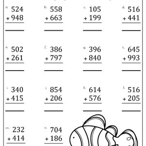 Puede incluir: Una hoja de trabajo en blanco y negro con el título "Addition And Subtraction". La hoja de trabajo tiene 12 problemas de matemáticas con números para sumar. La hoja de trabajo también presenta una ilustración en blanco y negro de un pez payaso.