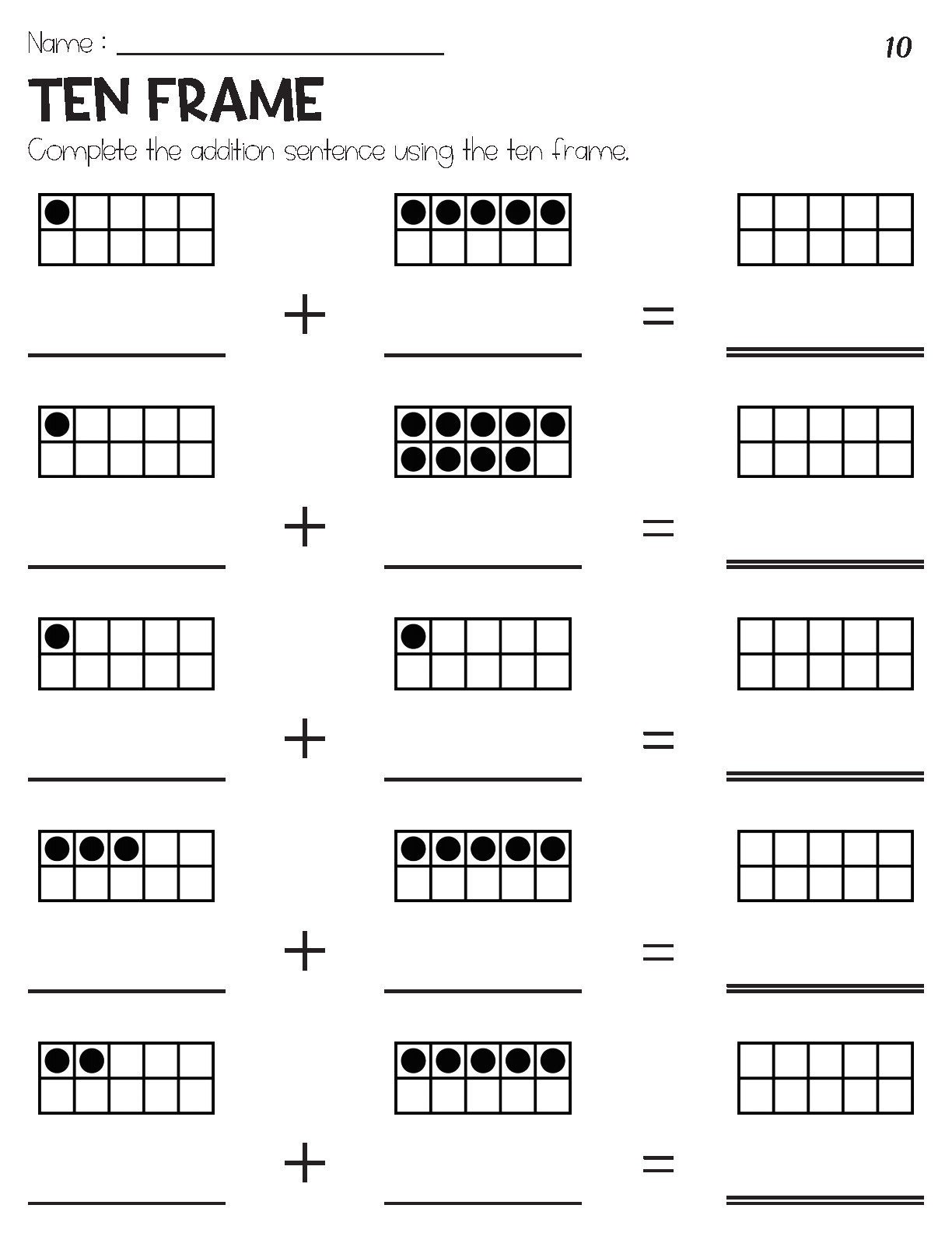 Addition Sums to 10 With Ten Frame Pictures Worksheets - Etsy