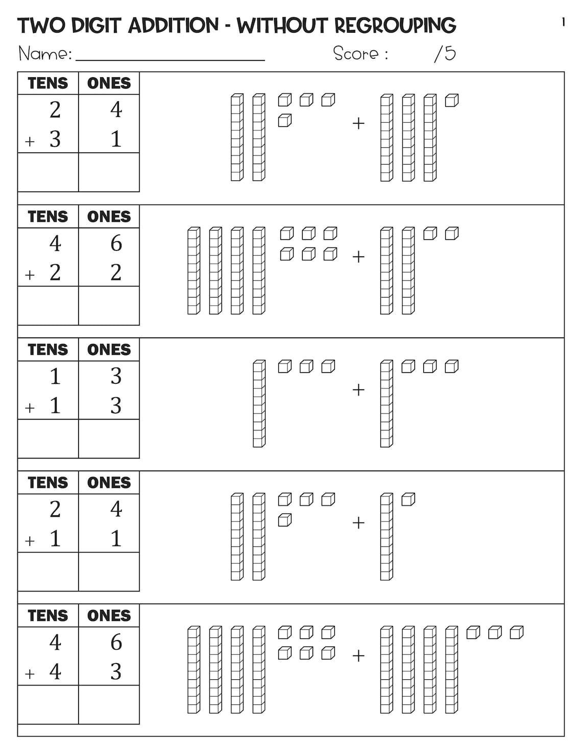 2 Digit Addition Without Regrouping With Base Ten Blocks Worksheets - Etsy
