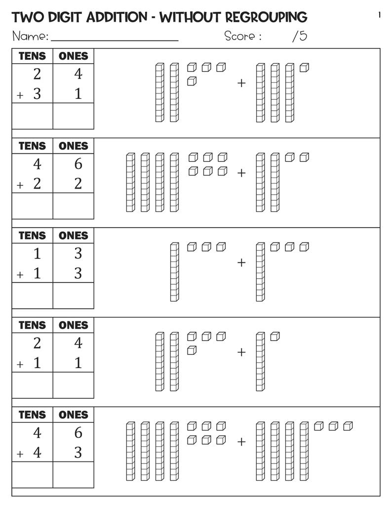 2 Digit Addition Without Regrouping With Base Ten Blocks Worksheets - Etsy