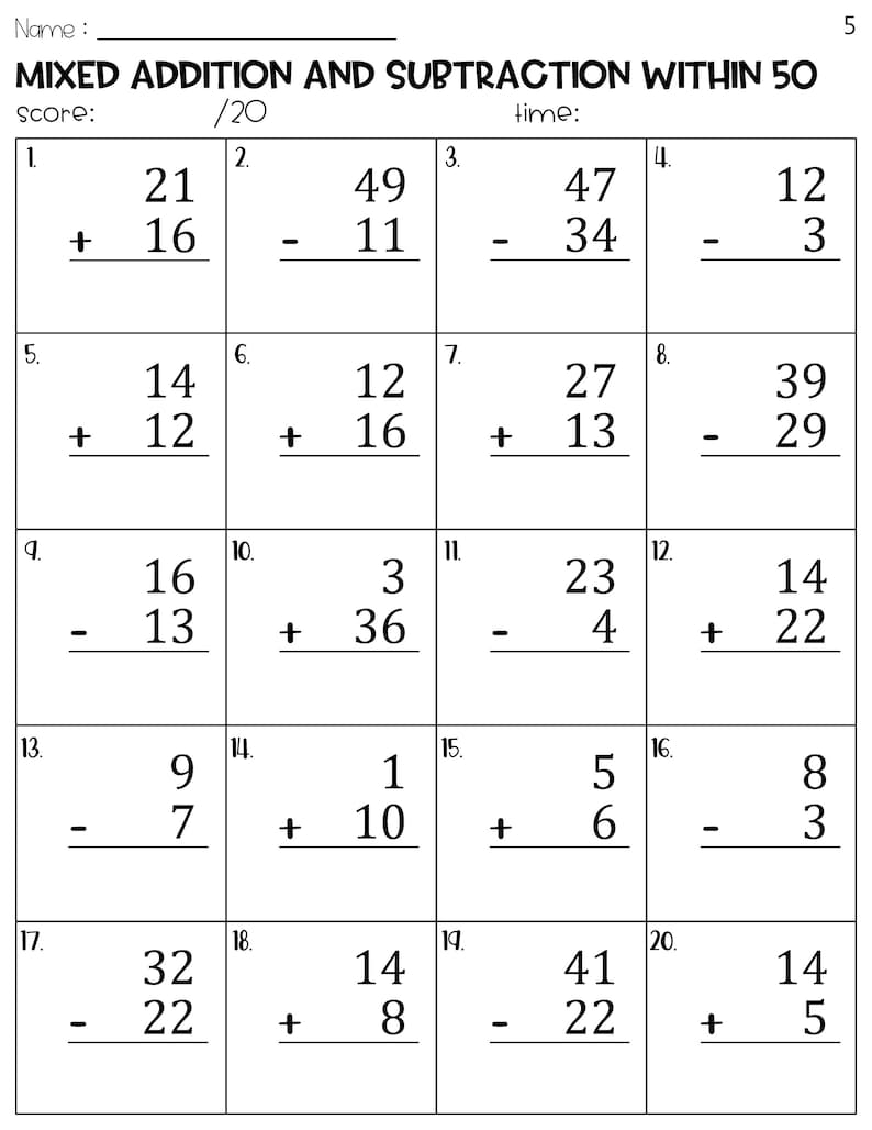 Mixed Addition and Subtraction to 50 Worksheets - Etsy