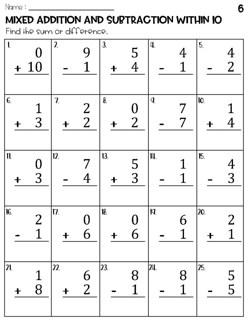 Mixed Addition and Subtraction Within 10 Worksheets Etsy