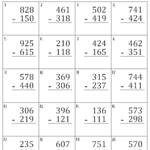 Three Digit Subtraction with and without Regrouping Worksheets