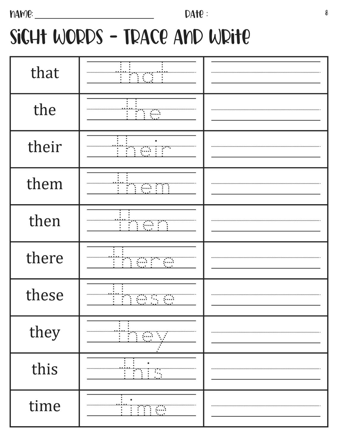 Trace and Write Fry First 200 Sight Words Worksheets - Etsy