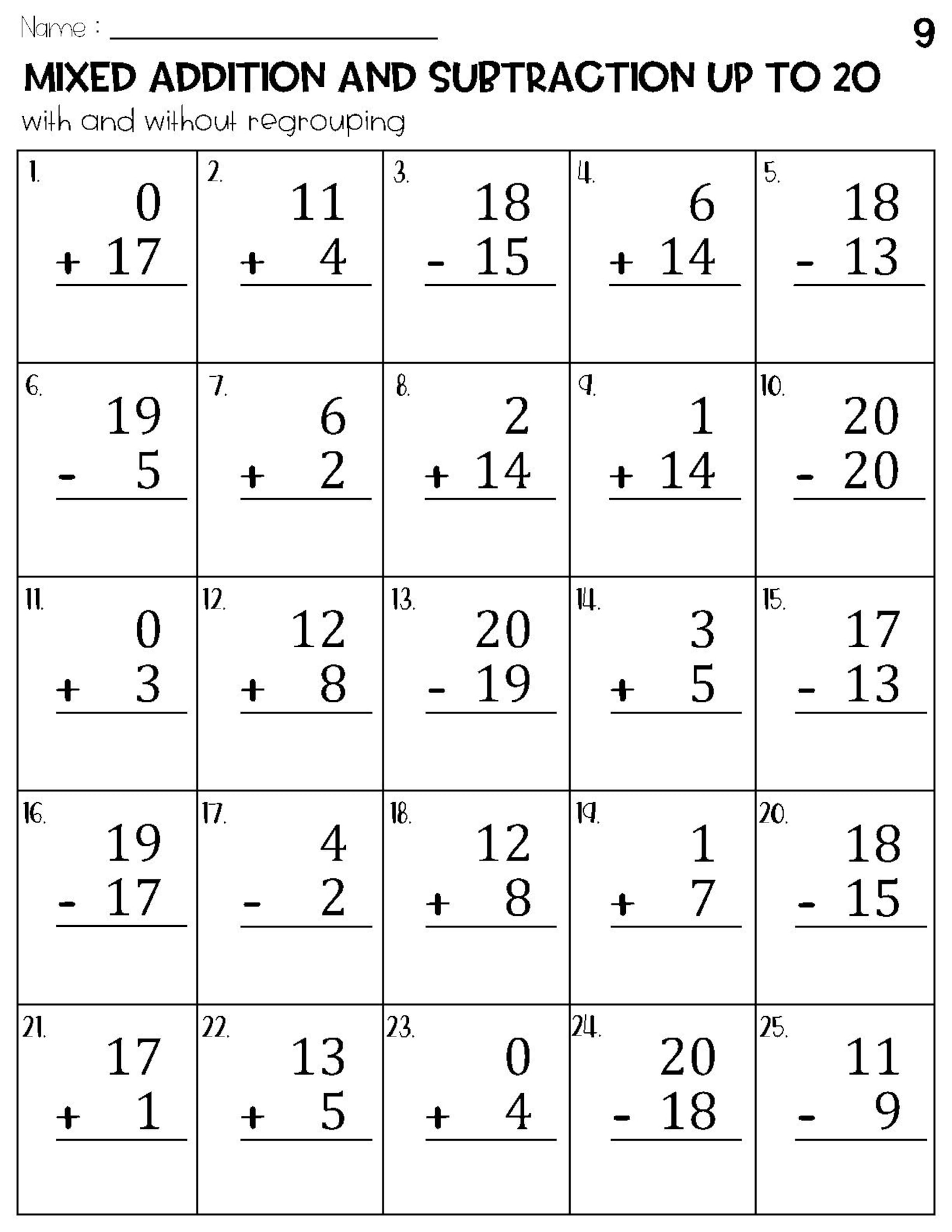 Mixed Addition and Subtraction to 20 Worksheets - Etsy