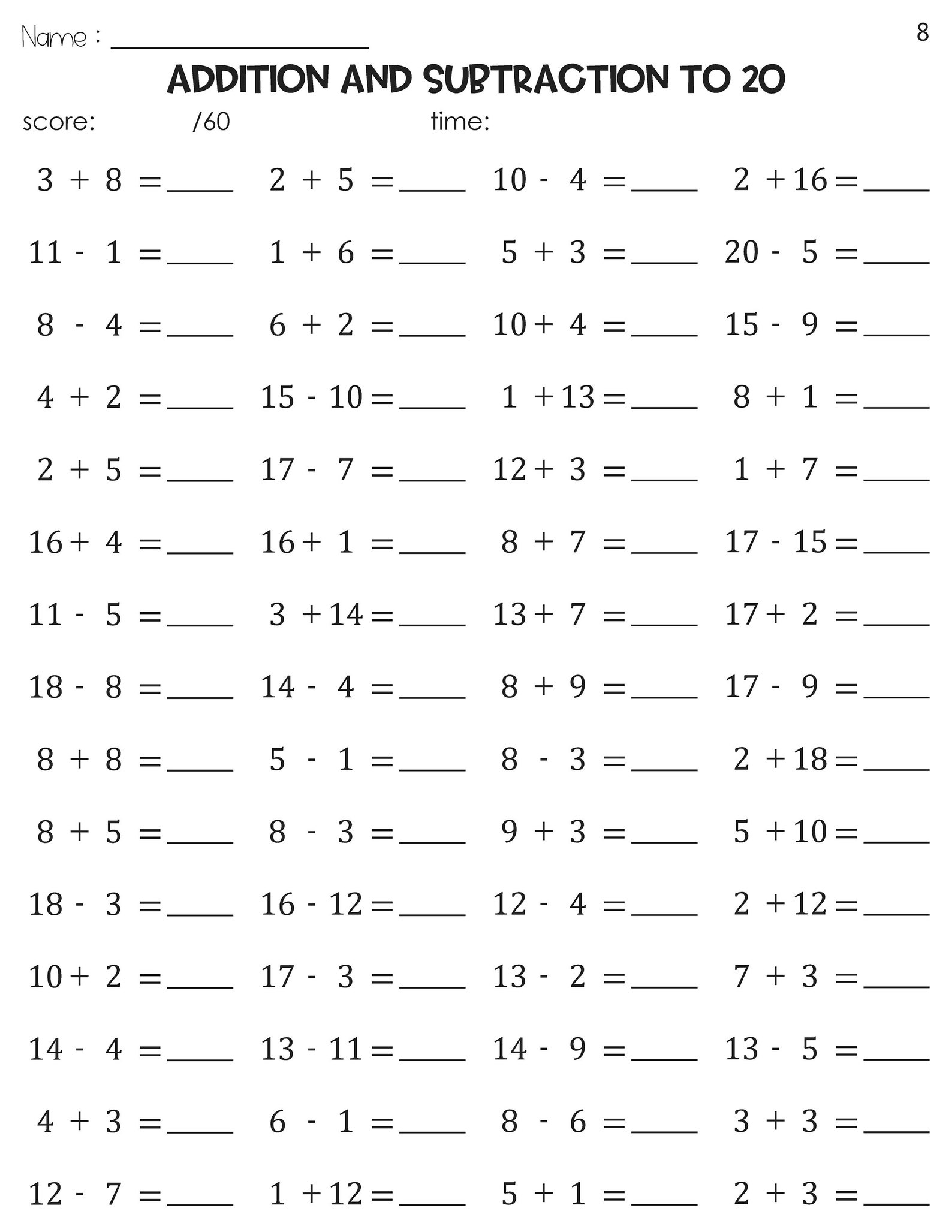 Math Fact Fluency Addition and Subtraction to 20 Timed Tests Practice ...