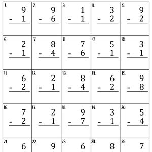 Single Digit Subtraction Worksheets Etsy