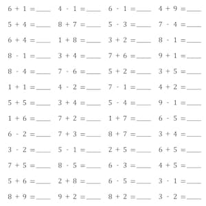 Peut inclure: Une feuille de calcul noir et blanc avec le titre "Addition et soustraction à un seul chiffre". La feuille de calcul contient 25 problèmes de mathématiques avec des nombres à un seul chiffre. Les problèmes sont disposés en deux colonnes, la première colonne contenant des problèmes d'addition et la deuxième colonne contenant des problèmes de soustraction.